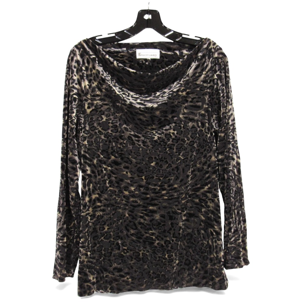 ELLIOTT LAUREN Black/Gray VELVET BURN-OUT LEOPARD Drape Neckline BLOUSE/TOP Sz M